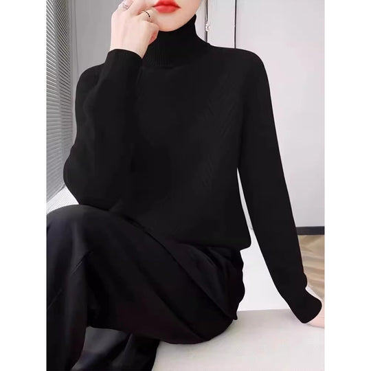 Damen eleganter Strickpullover mit Stehkragen und feiner Rippstruktur R&B