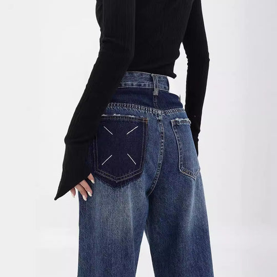 Damen weit geschnittene Denim-Hose mit stilvollen Fransendetails R&B