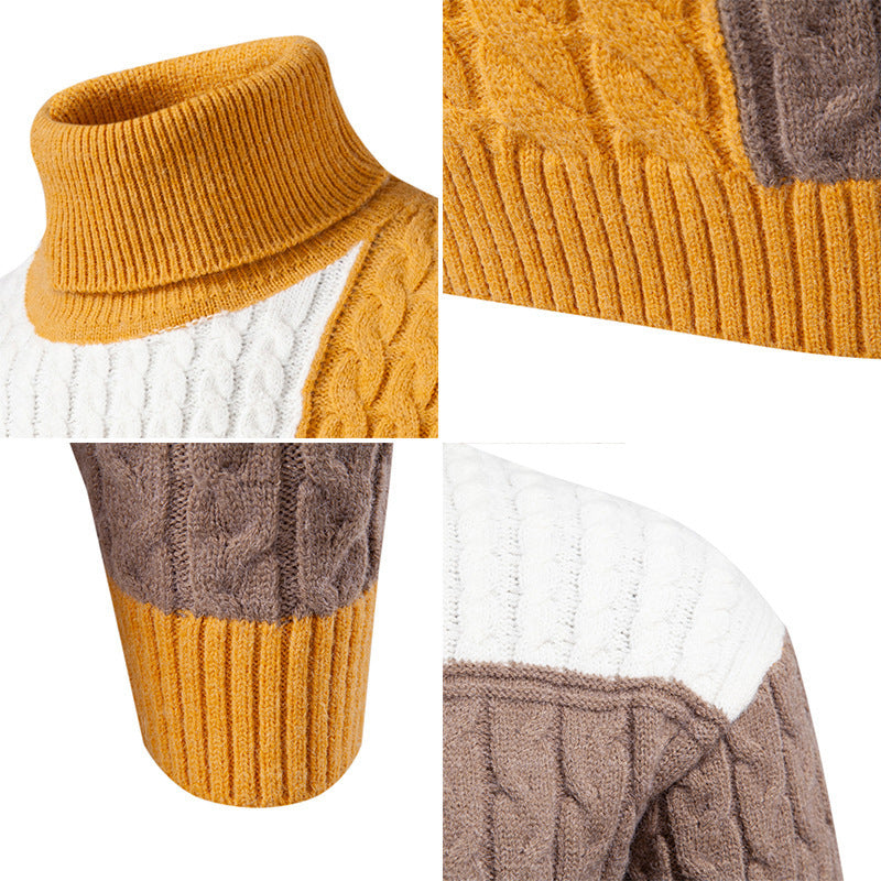 Herren hochabschließend gestrickter Pullover mit modernem Zopfmuster und attraktiven Farbblöcken R&B