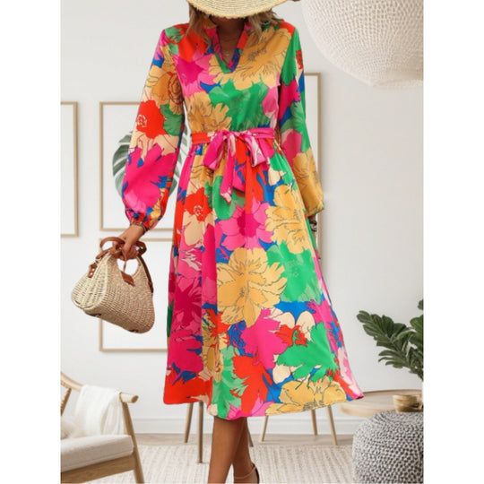 Damen Maxi-Kleid mit floralen Mustern und schwingendem Rock R&B