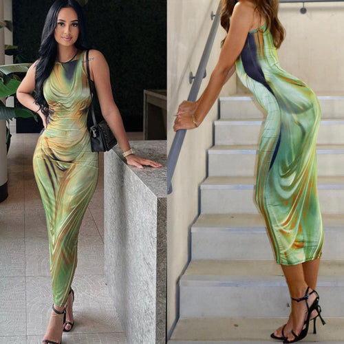 Damen Figurbetontes Maxikleid mit elegantem Grafikdruck und raffinierten Trägern R&B