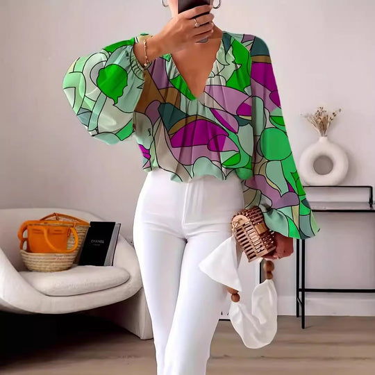 Damen Bluse mit V-Ausschnitt und modischem Grafikdesign R&B