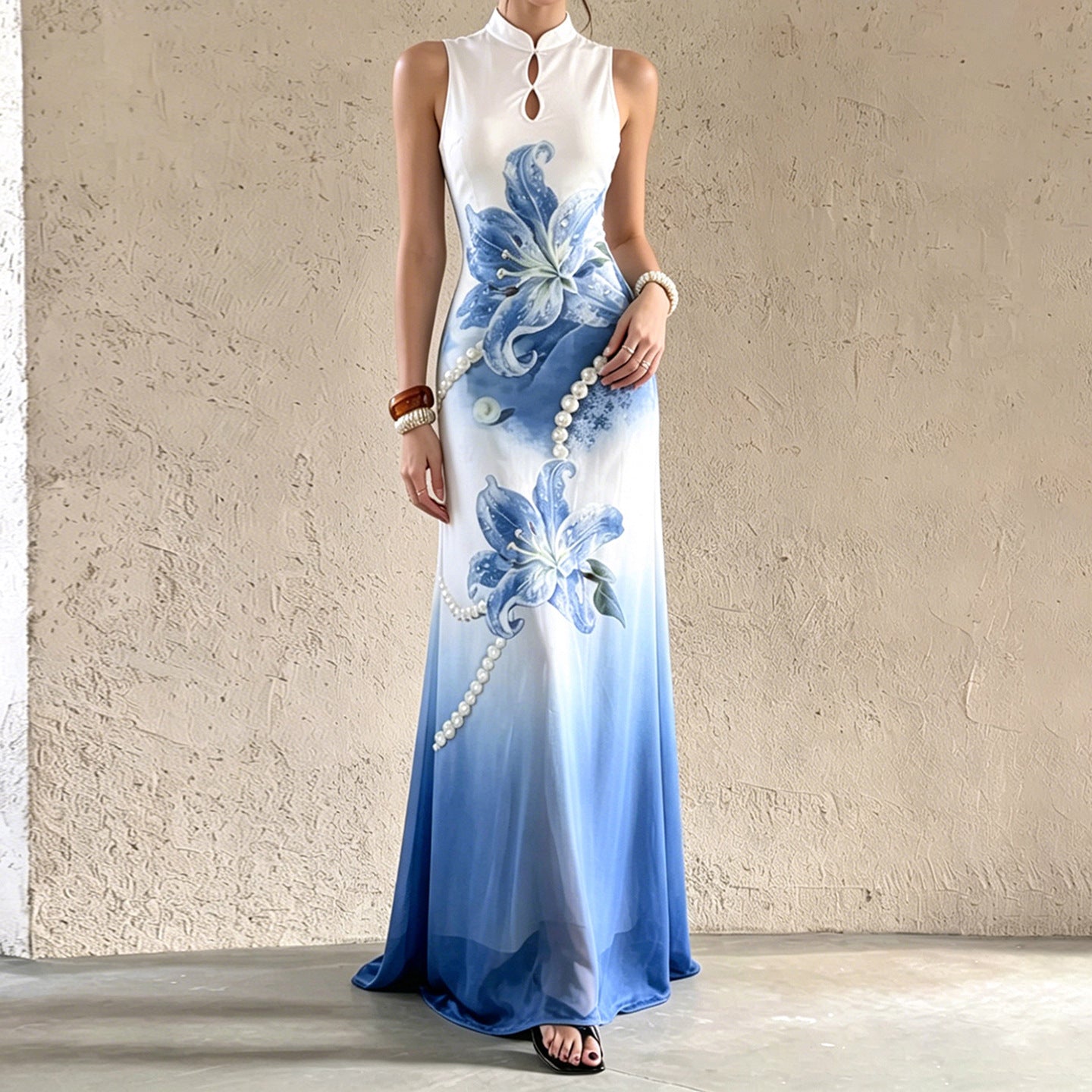 Damen Maxikleid mit floralem Druck und Perlenverzierungen R&B