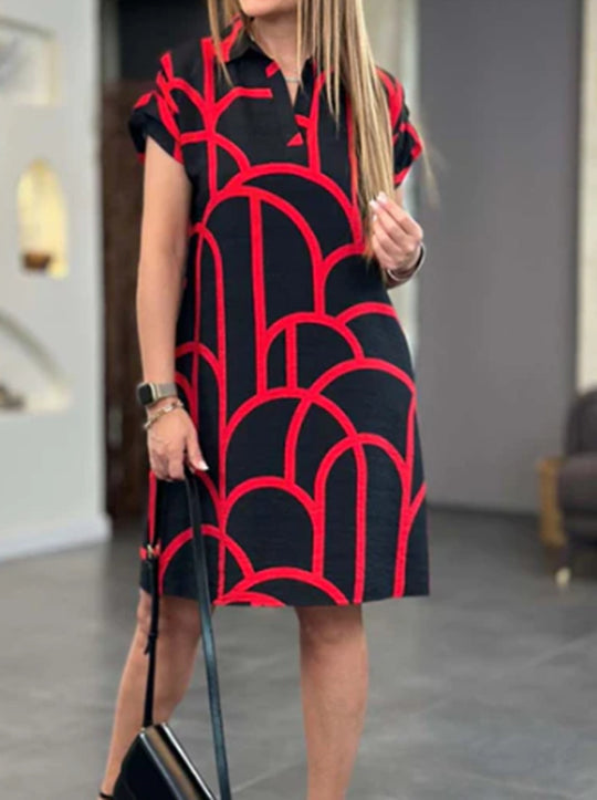 Damen nan geometrisches Shiftkleid mit Polokragen und umgeschlagenen Kurzärmeln R&B