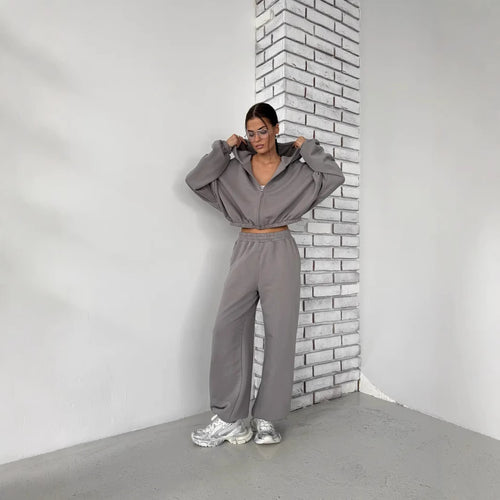 Damen lässiges Sweater-Set aus cropped Hoodie und bequemer Hose mit elastischem Bund R&B