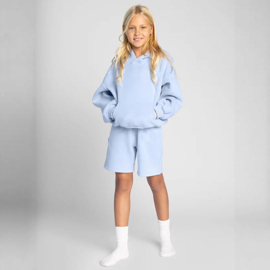 Damen Kapuzensweatshirt und Shorts-Set aus weichem Fleece mit praktischen Taschen R&B