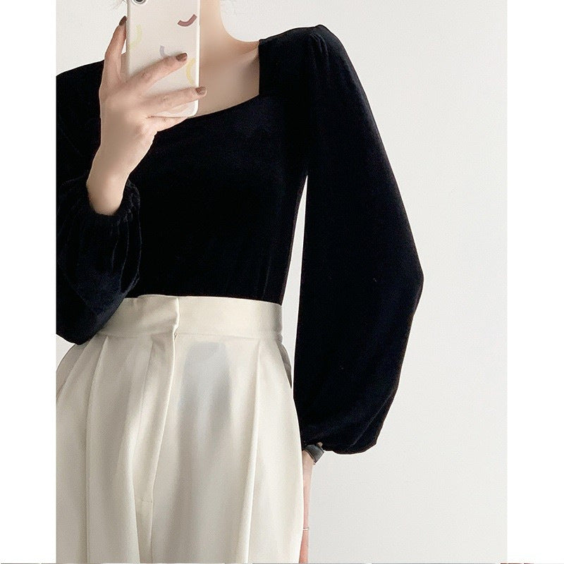 Damen elegantes Strickoberteil mit Puffärmeln und reizendem Quadrat-Ausschnitt