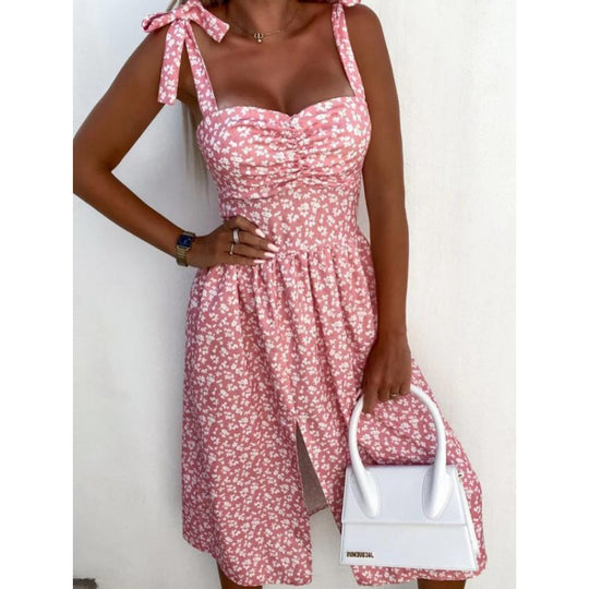 Damen Sommerkleid mit floralem Design und verspielt gebundenen Trägern R&B