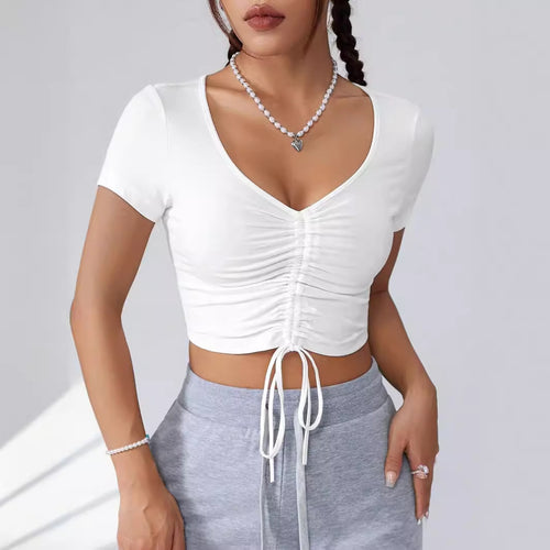 Damen Cropped Top mit raffinierten Rüschendetails und Kordelzug R&B