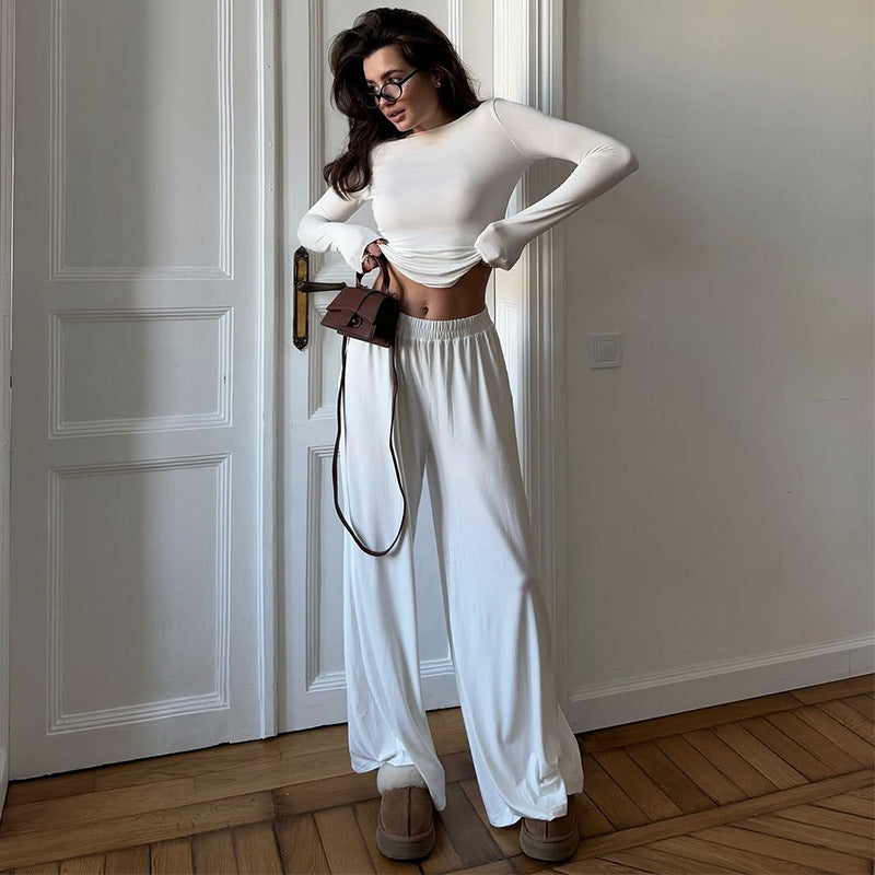 Damen Loungewear Set aus langärmligem Oberteil und weit geschnittenen Hosen R&B
