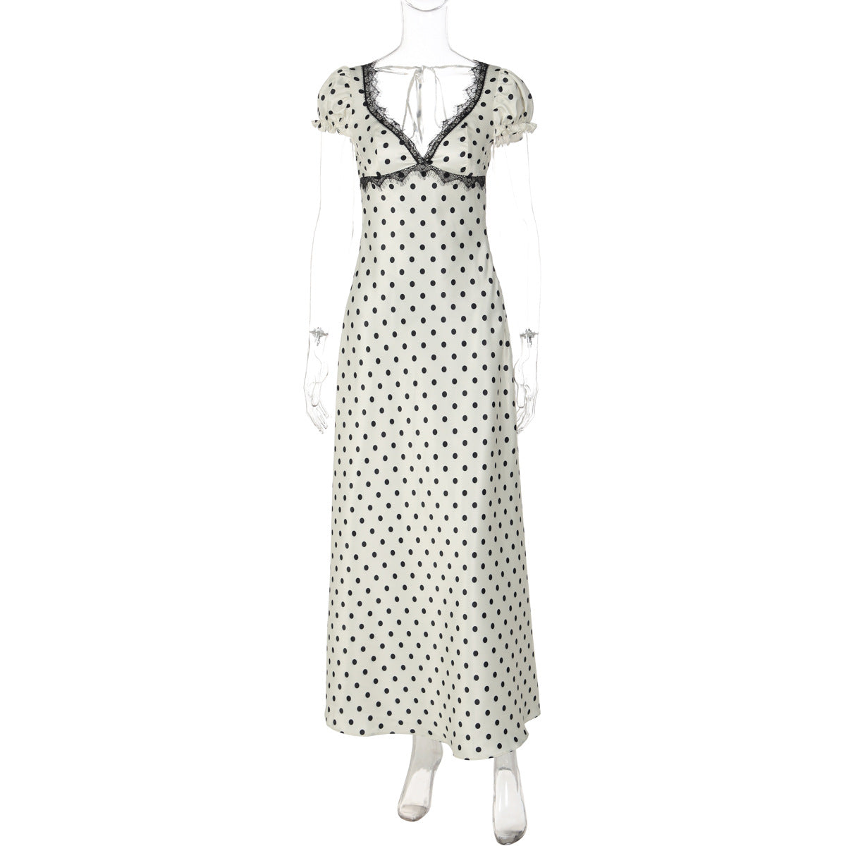 Damen Polka Dot Maxikleid mit eleganten Rüschendetails und nostalgischem Ausschnitt R&B