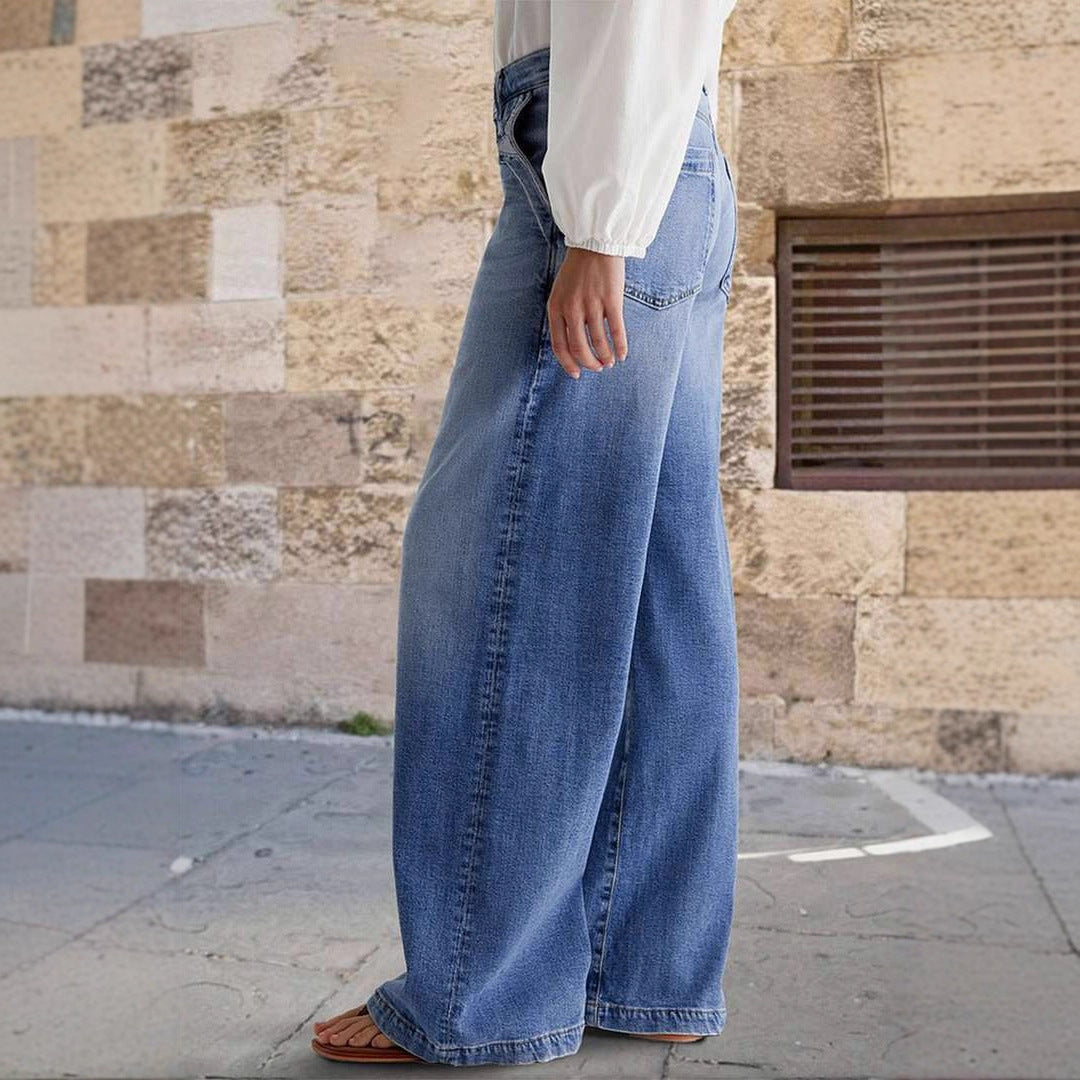 Damen Weit geschnittene Denim-Hose mit hoher Taille und eleganten Taschen R&B