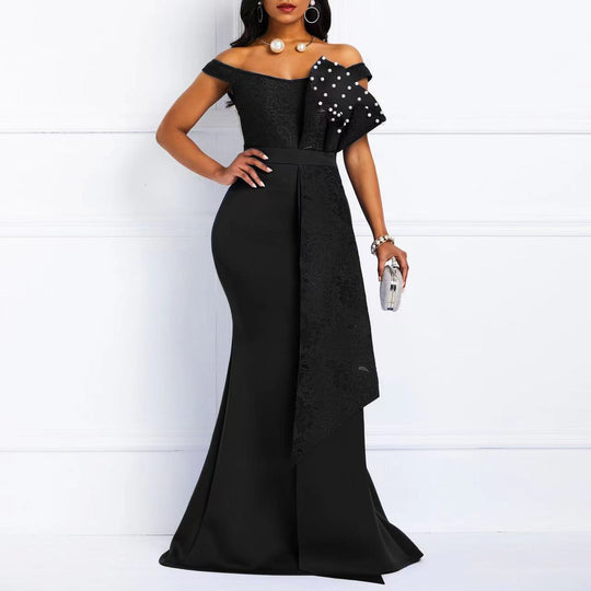 Damen Abendmaxikleid mit off-shoulder Design und luxuriösen Spitze-Applikationen R&B