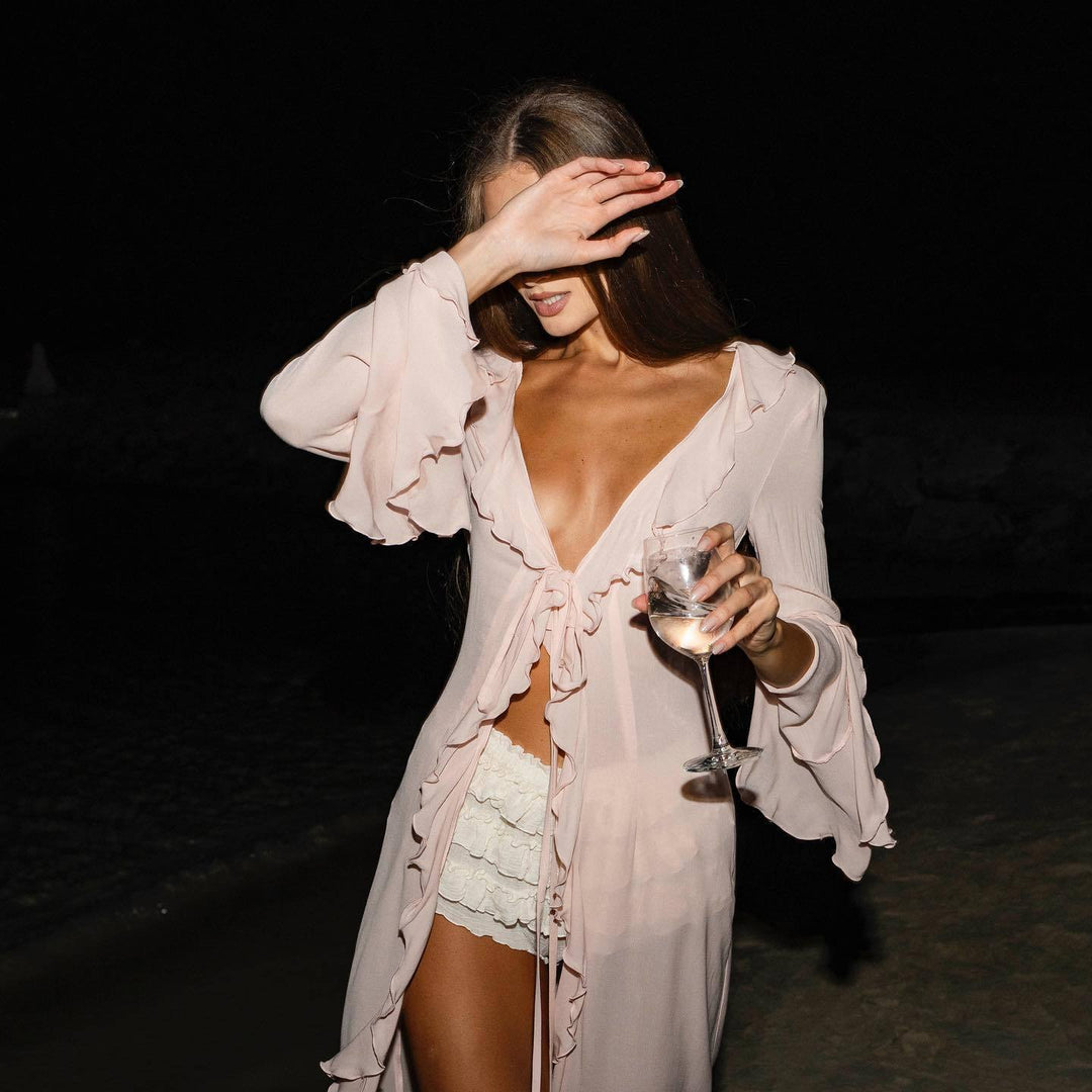 Damen elegantes Strandkleid mit Rüschen und tiefem Schlitz R&B