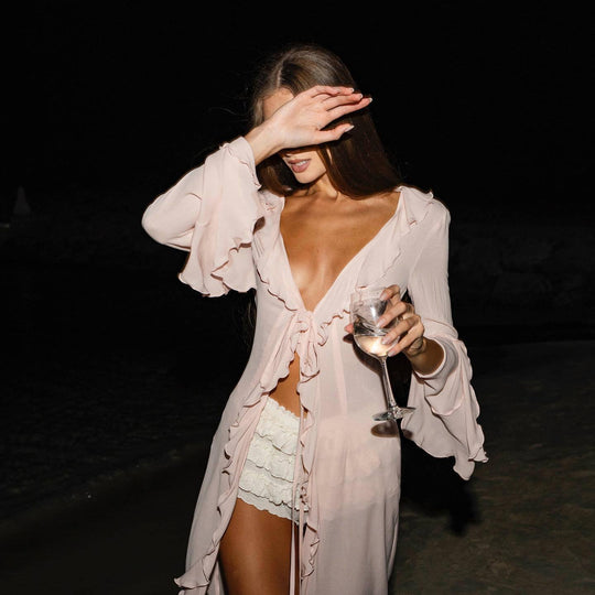 Damen elegantes Strandkleid mit Rüschen und tiefem Schlitz R&B