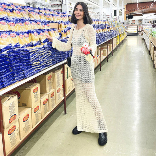 Damen Transparente Maxikleid mit strukturiertem Häkelmuster R&B