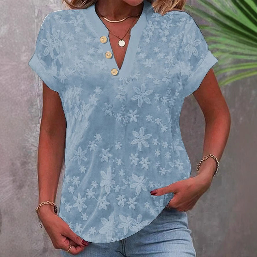 Damen Bluse mit floralem Stickmuster und klassischem V-Ausschnitt