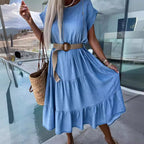 Damen Midi-Kleid mit asymmetrischem Saum und nostalgischem Denim-Stil R&B