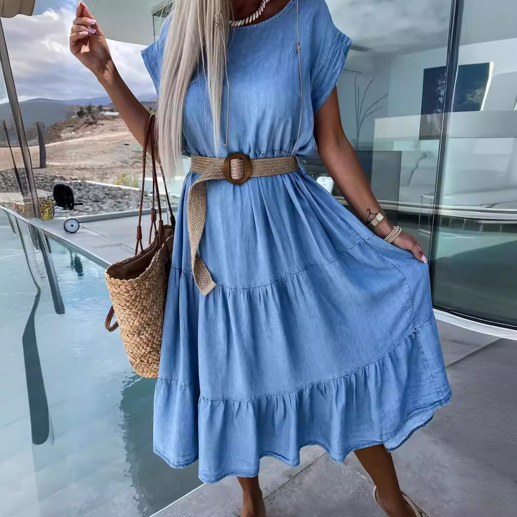 Damen Midi-Kleid mit asymmetrischem Saum und nostalgischem Denim-Stil R&B