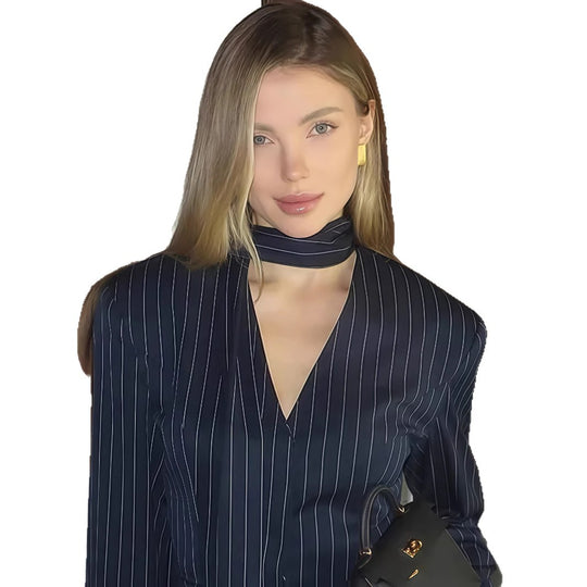 Damen Elegante gestreifte Bluse mit schmeichelndem V-Ausschnitt und schmalem Gürtel R&B