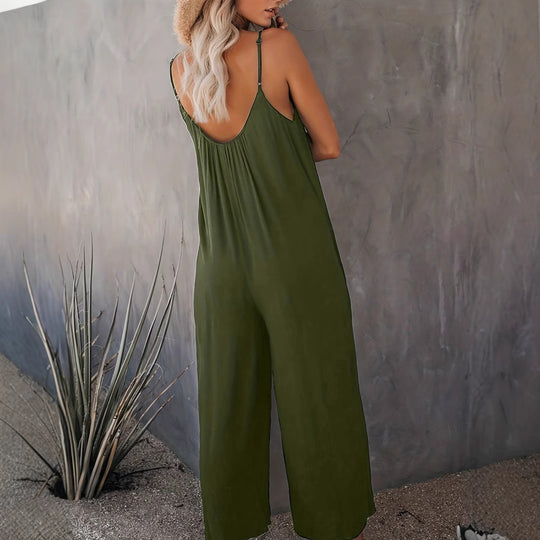 Damen Lässiger Jumpsuit mit tiefem V-Ausschnitt und praktischen Taschen R&B