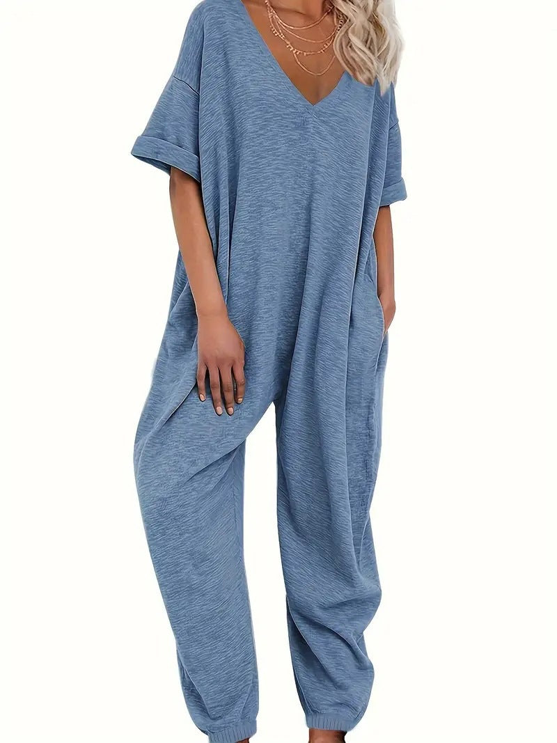 Damen Oversized Jumpsuit mit tiefem V-Ausschnitt und lässigen Taschen R&B