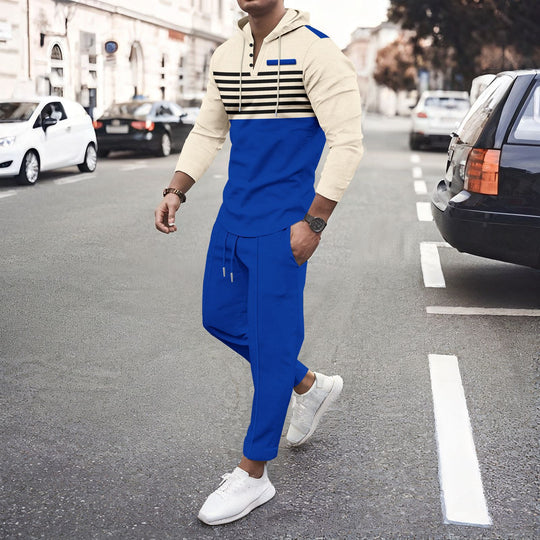 Herren nan urbanes Kapuzen-Henley Freizeitset mit Streifenpasse und gekürzter Joggerhose R&B
