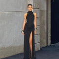 Damen Elegantes Maxikleid mit hochgeschlossenem Kragen und seitlichem Schlitz R&B