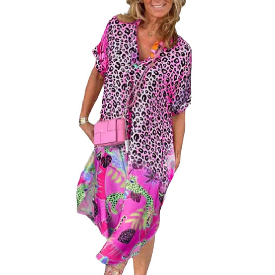 Damen nan locker sitzendes V-Ausschnitt Midikleid mit Leopardenmuster und Tropenmotiv R&B