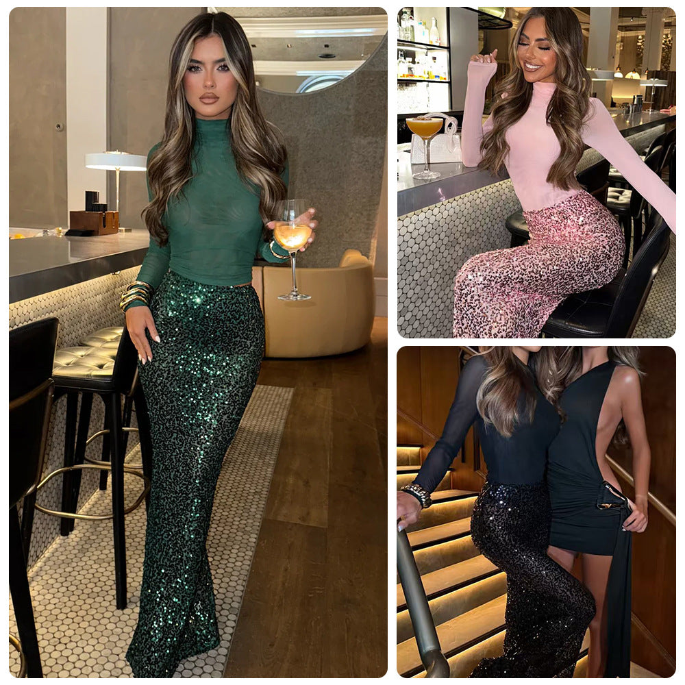 Damen Glamouröses Pailletten-Maxi-Rockkleid mit figurbetontem Oberteil und elegantem Schnitt R&B