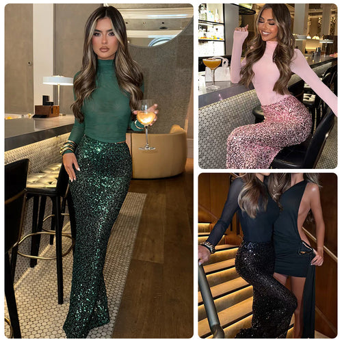 Damen Glamouröses Pailletten-Maxi-Rockkleid mit figurbetontem Oberteil und elegantem Schnitt R&B