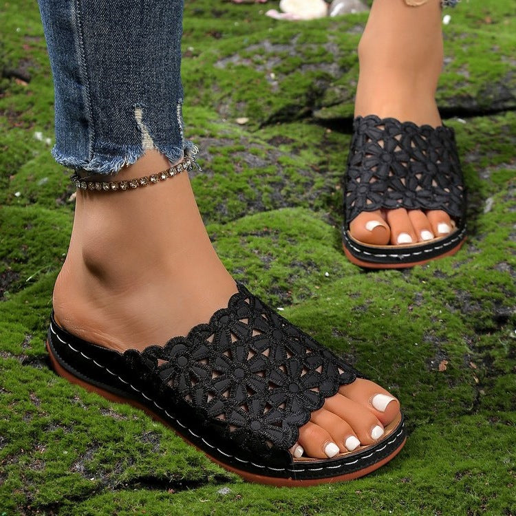 Damen offene Riemchen-Sandalen mit floralem Häkel-Muster R&B