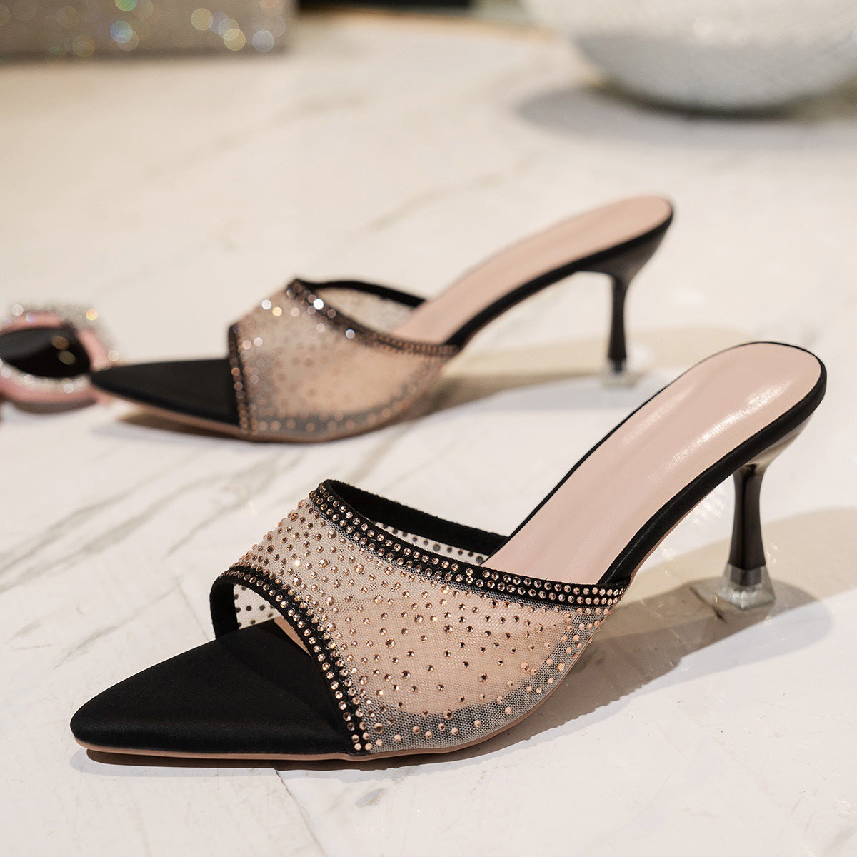 Damen elegante High-Heel-Pantoletten mit funkelnden Strassakzenten und geschwungenem Design R&B