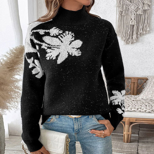 Damen Strickpullover mit floralem Muster und hohem Kragen R&B