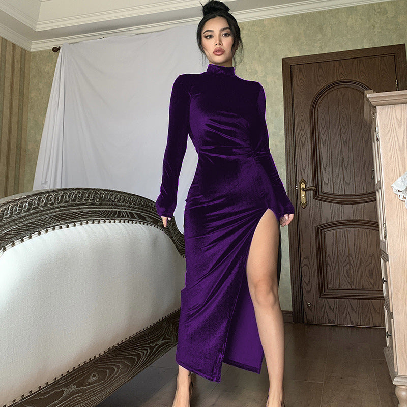 Damen Elegantes Langarm-Wickelkleid aus weichem Veloursstoff mit hohem Schlitz R&B