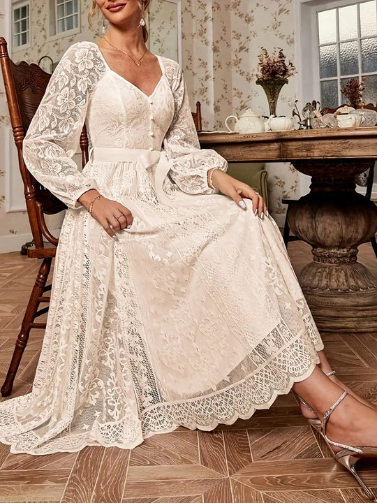 Damen Elegantes Spitze Midi-Kleid mit puffärmel und Taillenbindung R&B