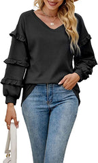 Damen Rüschensweater mit V-Ausschnitt R&B
