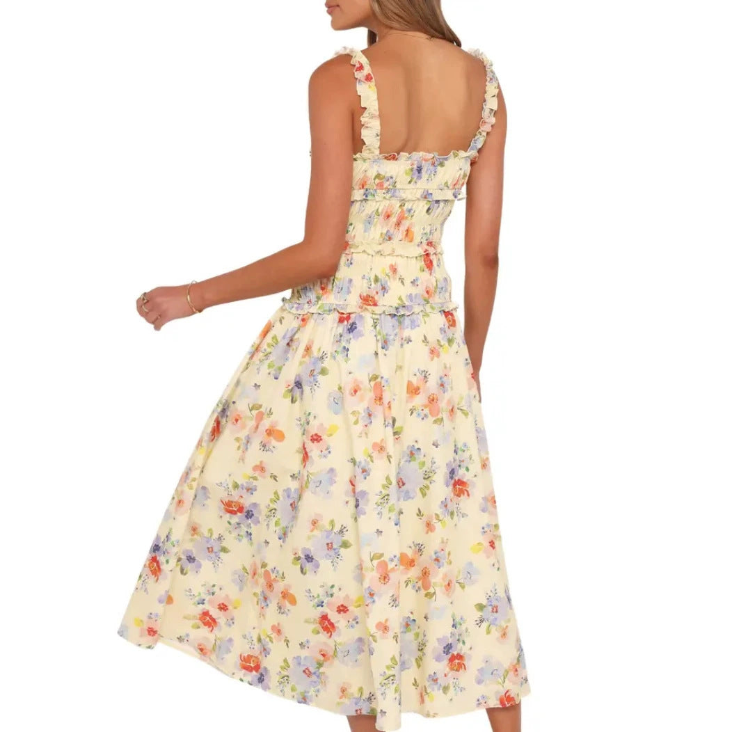 Damen nan luftig-leichte Stufenmidikleid mit gerafftem Oberteil und Rüschen-Trägern R&B