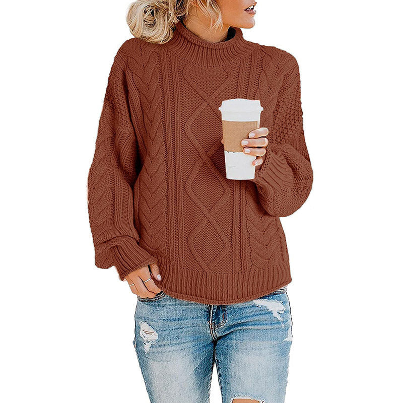 Damen Grobstrickpullover mit hohem Kragen und Zopfmuster
