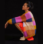 Damen Grobstrick-Cardigan mit buntem Patchwork-Design R&B