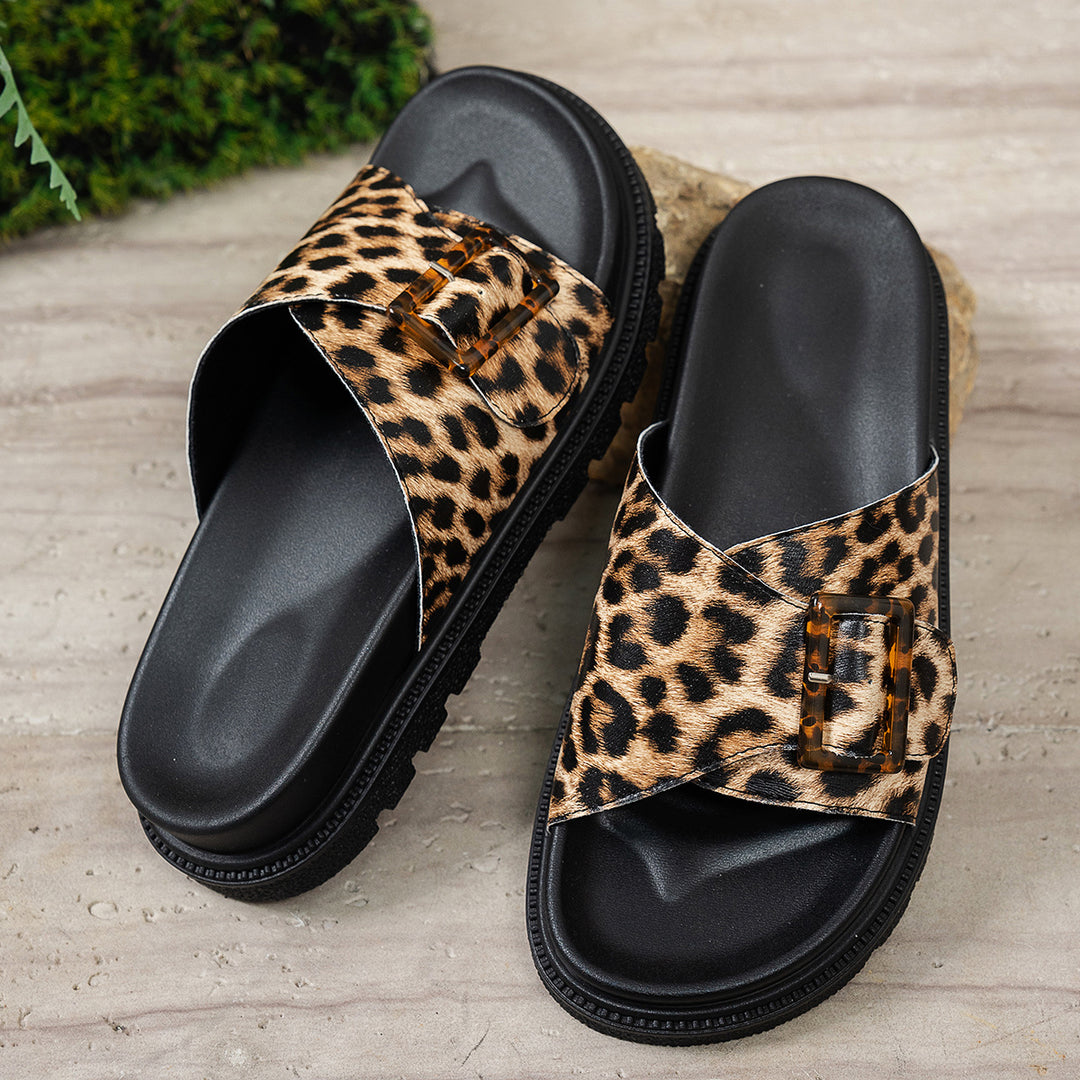 Damen stylische Slide-Sandalen mit Leopardenmuster und modischem Schnallen-Design R&B