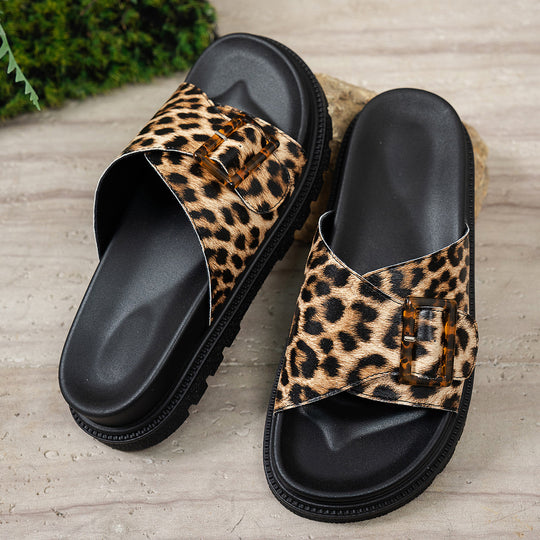 Damen stylische Slide-Sandalen mit Leopardenmuster und modischem Schnallen-Design R&B
