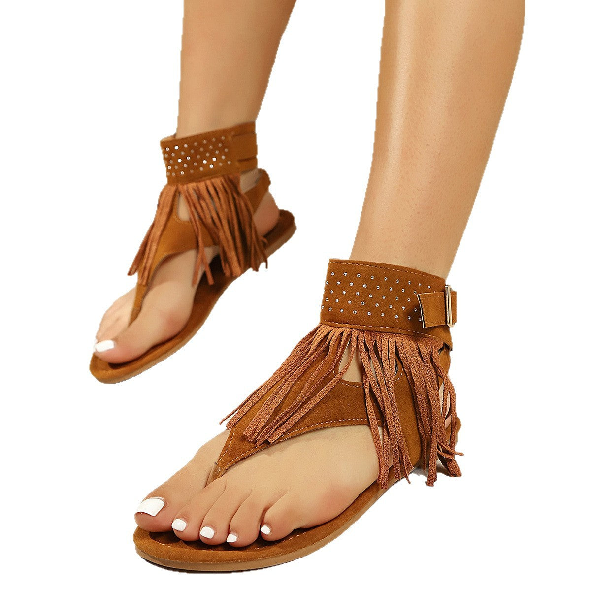 Damen Fransen-Sandalen mit funkelnden Nieten und bequemer Sohle R&B