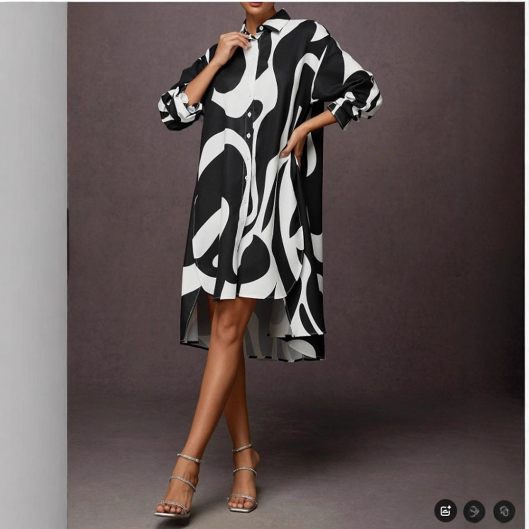 Damen Hemdblusenkleid mit modernem Grafikdruck und asymmetrischem Schnitt R&B