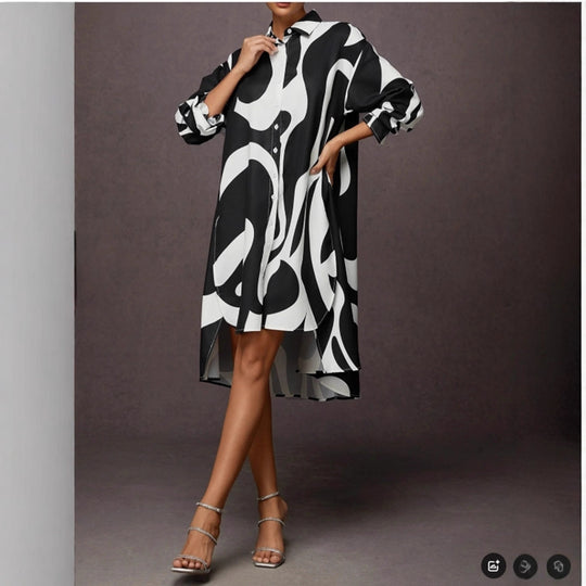 Damen Hemdblusenkleid mit modernem Grafikdruck und asymmetrischem Schnitt R&B