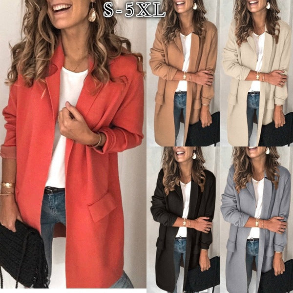 Damen stylische lange Jacke mit klassischem Revers R&B