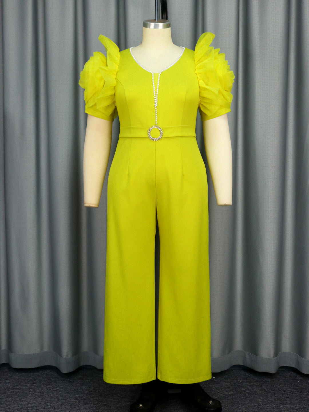 Damen eleganter Jumpsuit mit voluminösen Puffärmeln und Perlenakzent R&B