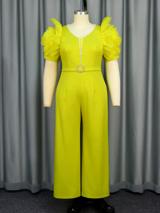 Damen eleganter Jumpsuit mit voluminösen Puffärmeln und Perlenakzent R&B