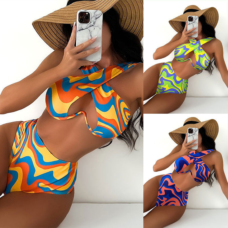 Damen Bikini-Set mit asymmetrischem Design und hohem Bund R&B