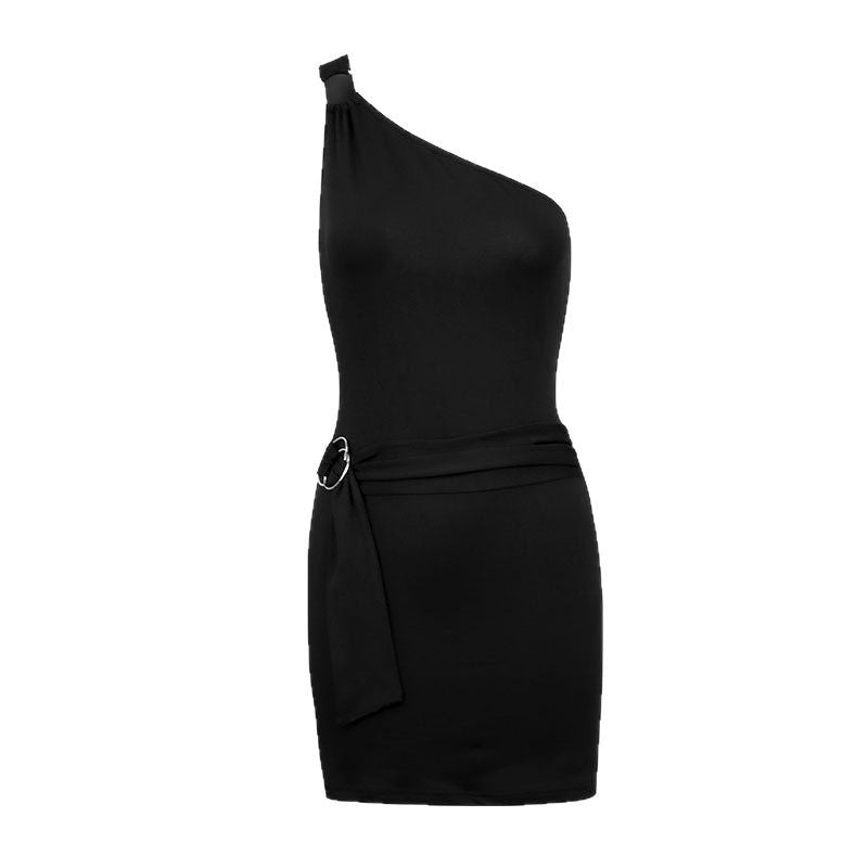 Damen Einseitig Schulterfreies Minikleid mit dekorativem Taillengürtel R&B